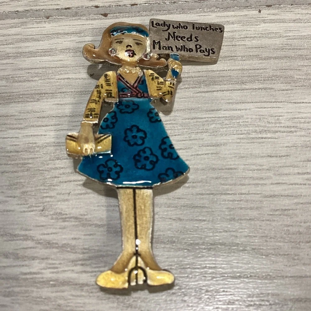 Silvertone Pin Textured Painted‎ Girl w/ Sign Vintage Lady Lunch Man Pays